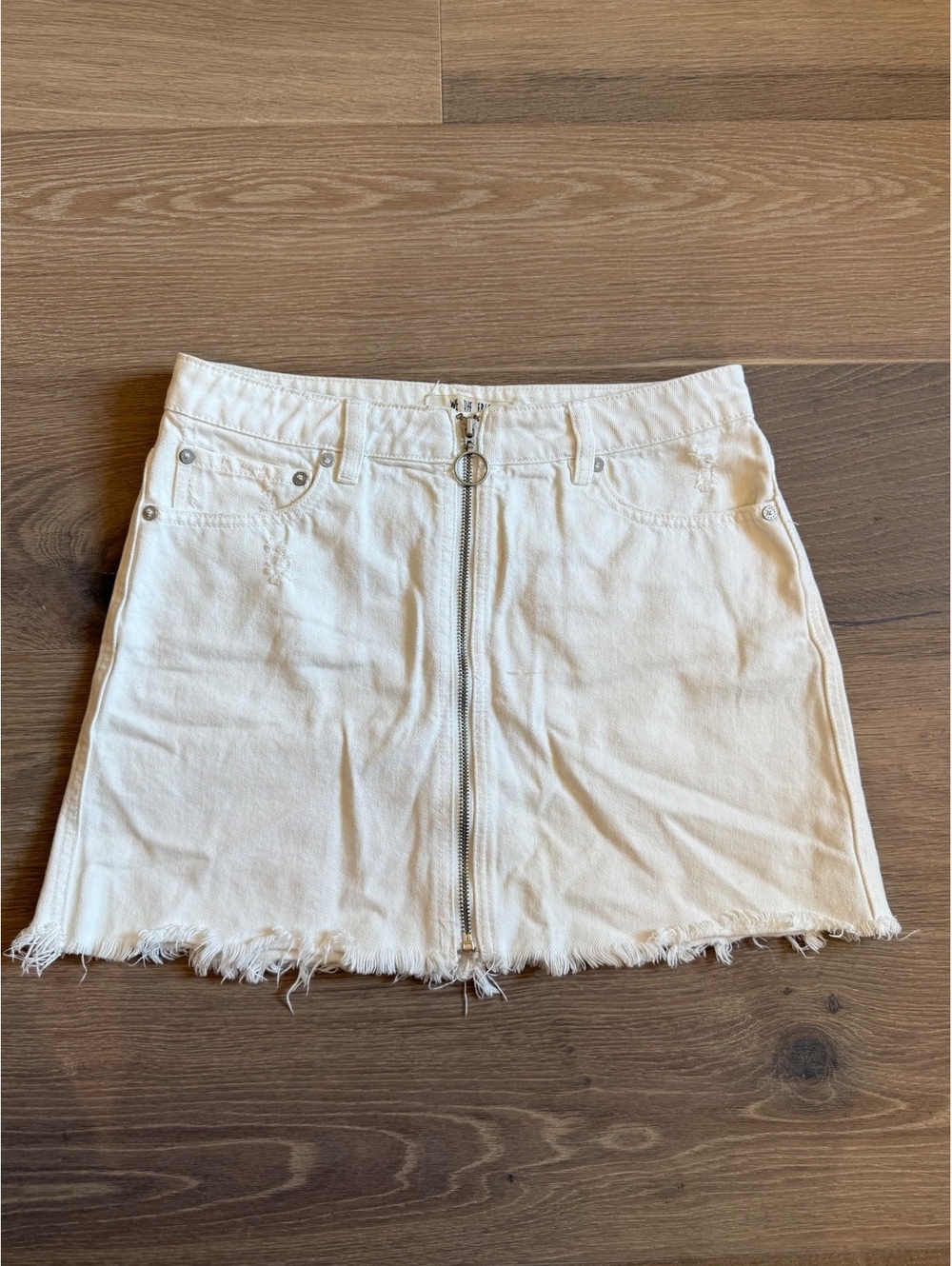 We The Free White western Y2K edgy Denim Mini Skirt with Front Zipper